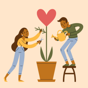 two people watering a plant with a heart growing out of it