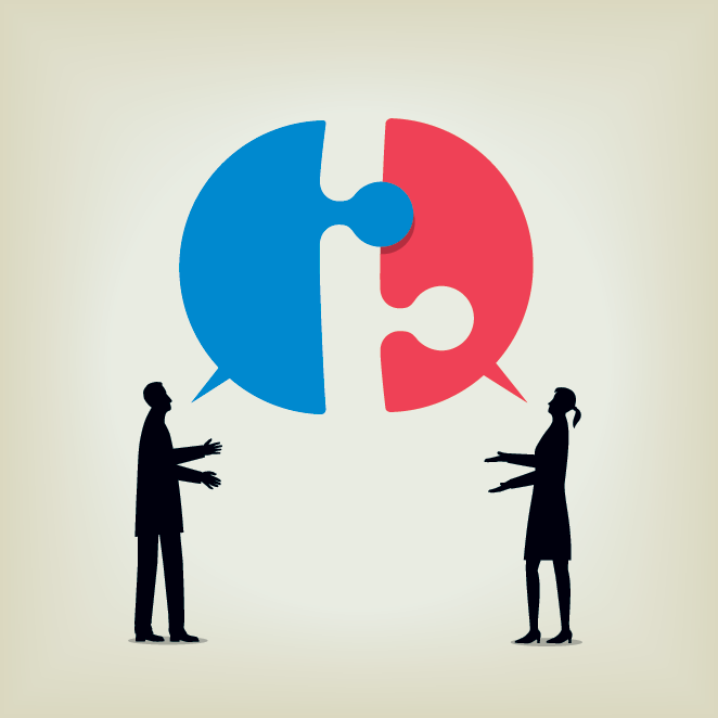 two people having a conversation with puzzle pieces for talk bubbles